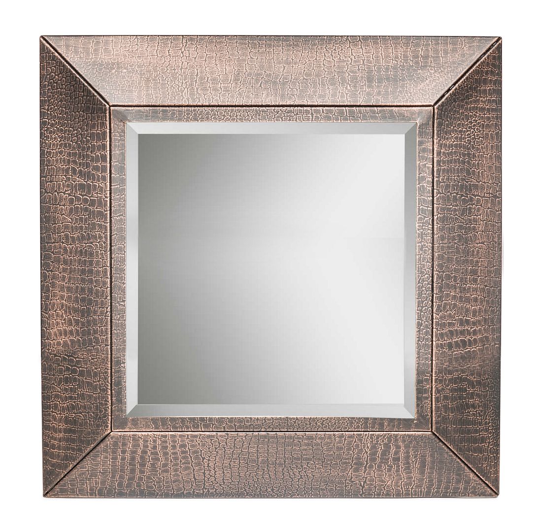 Image of square wall mirror with croc pattern frame in copper finish  ideal for luxury casual home interiors