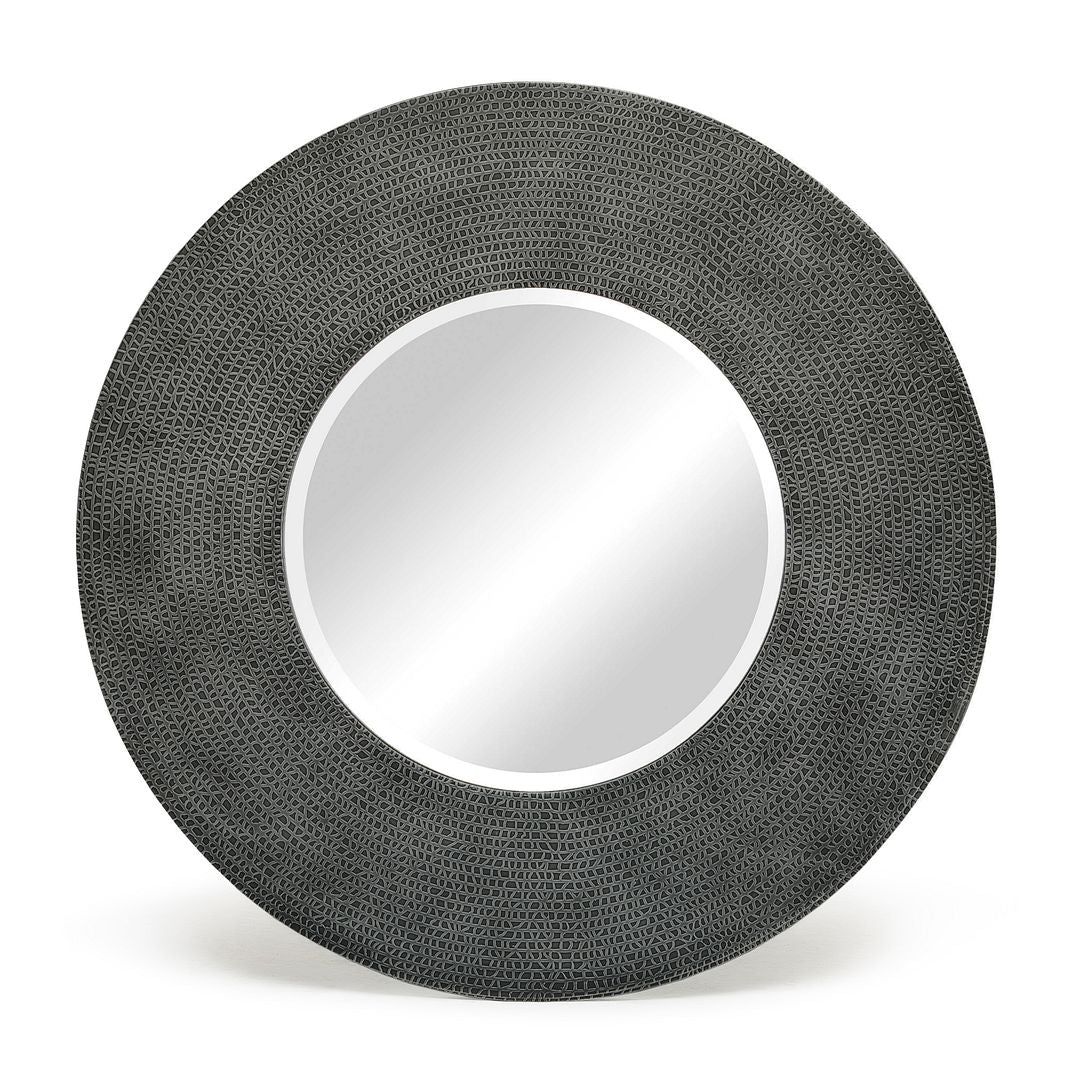 Image of round wall mirror with croc pattern frame in black silver finish  ideal for luxury casual home interiors