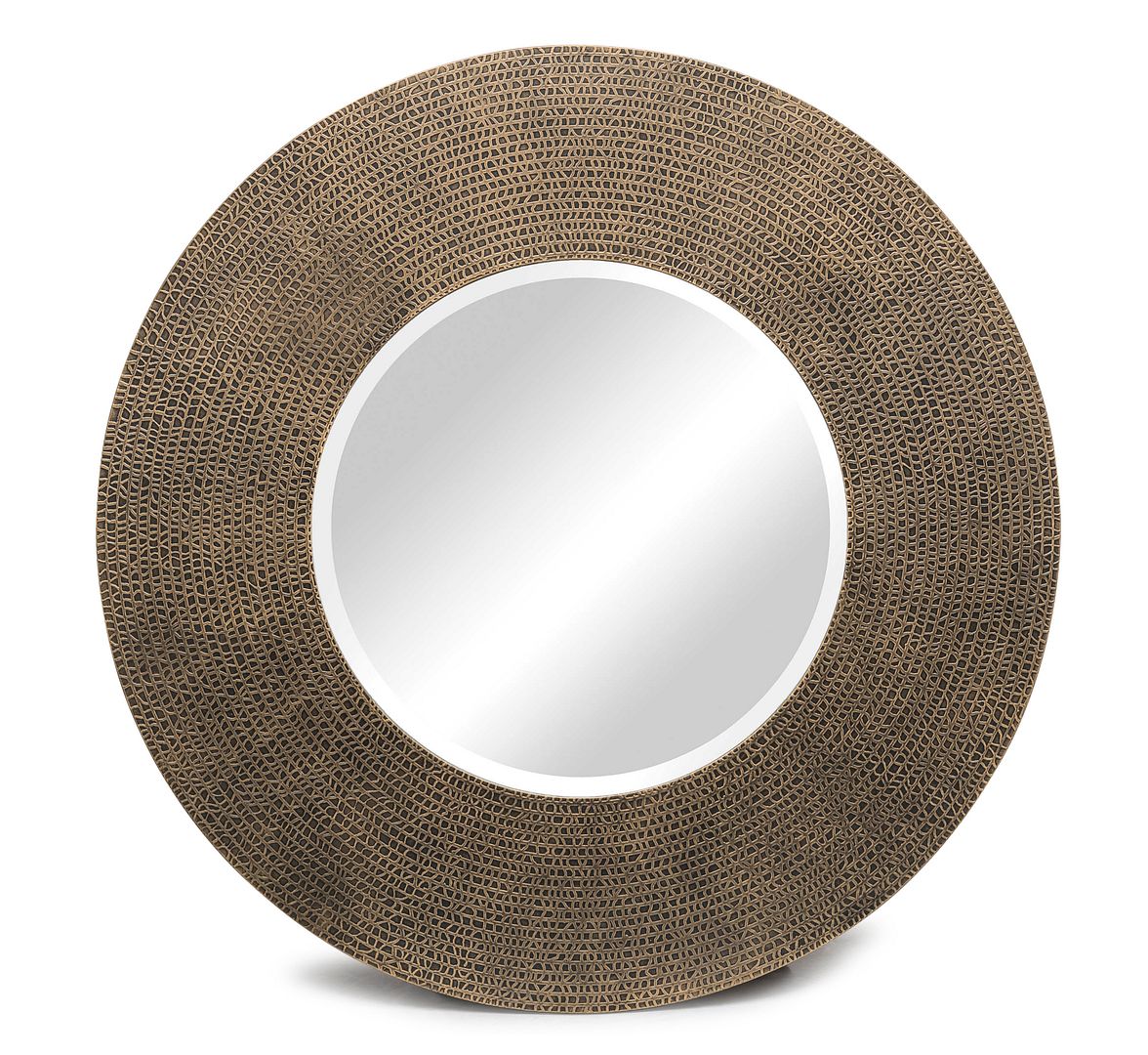 Image of round wall mirror with croc pattern frame in gold black finish  ideal for luxury casual home interiors