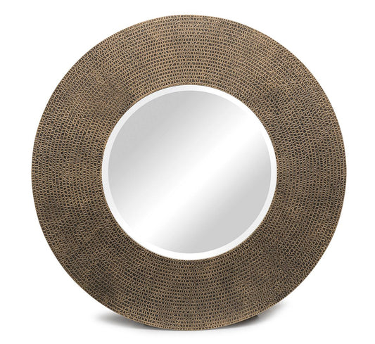 Image of round wall mirror with croc pattern frame in gold black finish  ideal for luxury casual home interiors