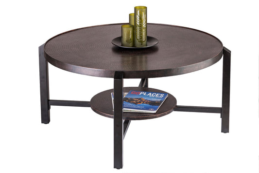Image of black round coffee table with storage shelf in copper finish top  available at The Epic Shop