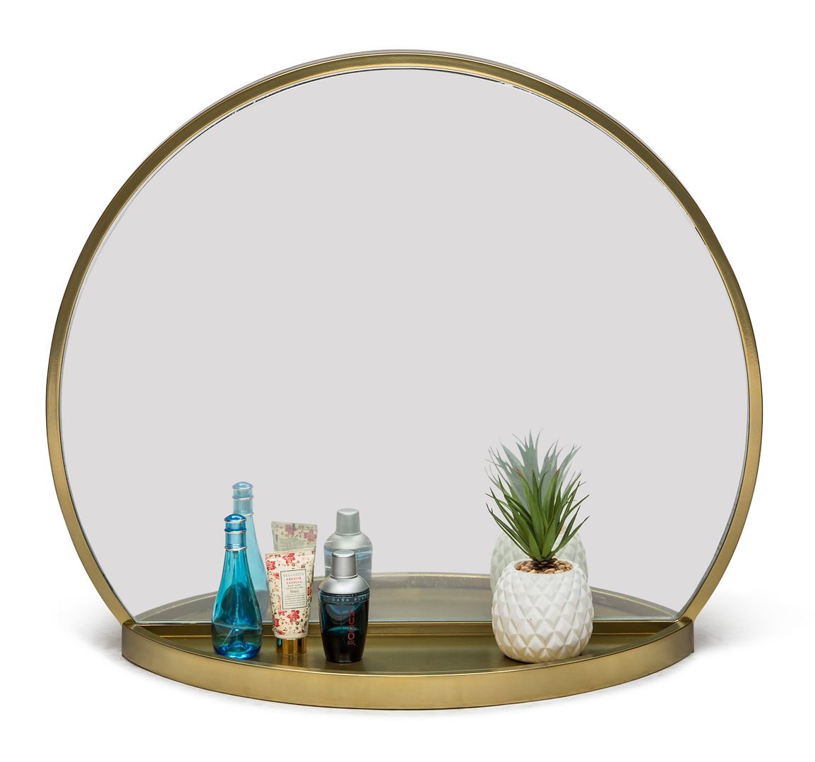 Image of round table wall mirror with shelf storage in brass finish  ideal for luxury casual home interiors