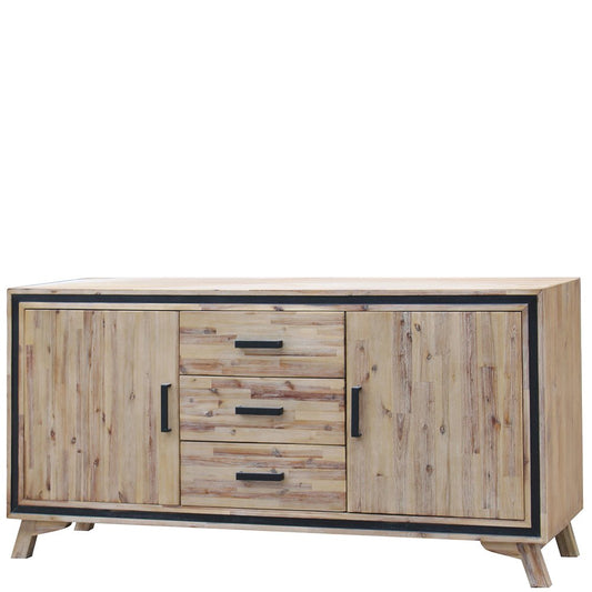 Image of buffet sideboard in silver brush colour with solid acacia & veneer wooden frame storage cabinet with drawers  ideal for luxury casual home interiors