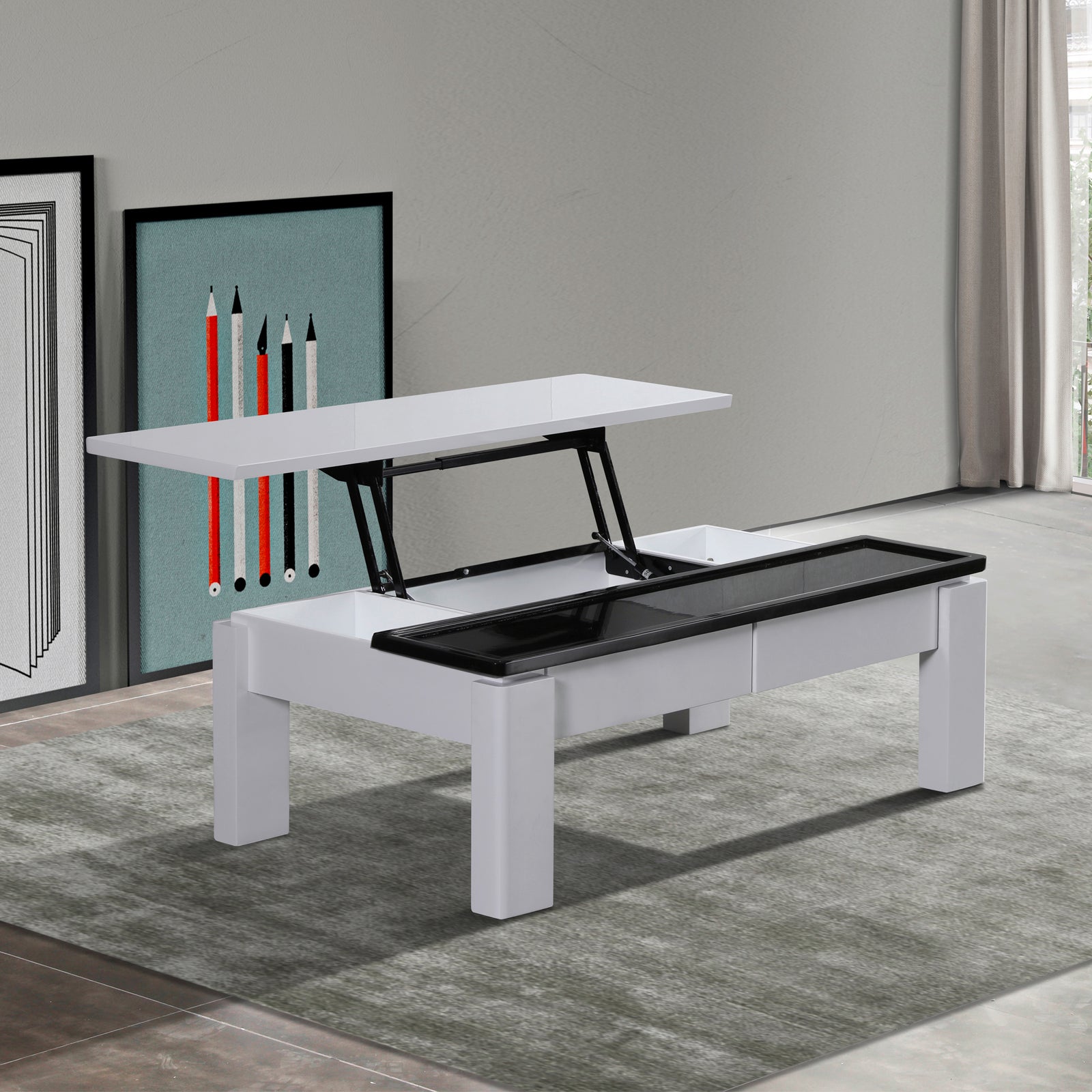 Image of coffee table high gloss finish lift up top mdf black & white colour interior storage  ideal for luxury casual home interiors