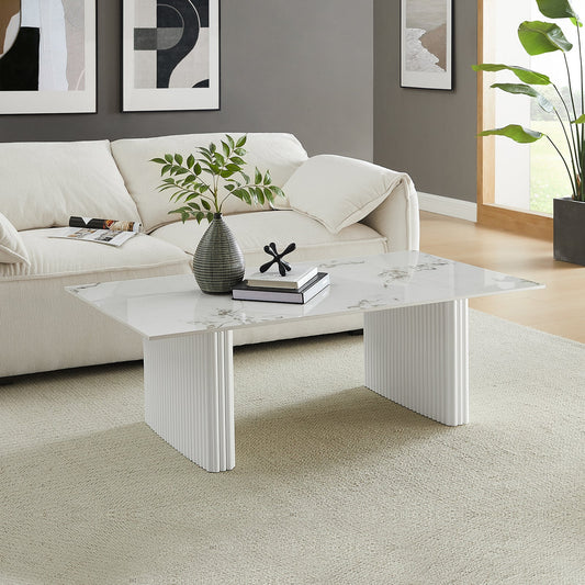 Image of coffee table sintered stone top mdf table base glossy white  ideal for luxury casual home interiors