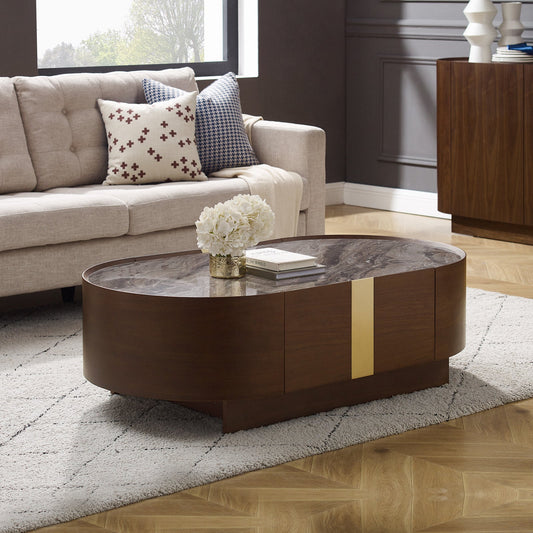 Image of coffee table mdf board melamine interior ample storage in dark walnut colour  ideal for luxury casual home interiors