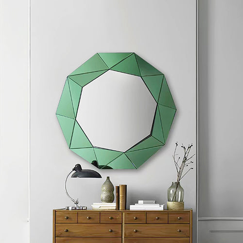 Image of wall mirror mdf silver mirror & green frame trigonometrical shape mrr-04  ideal for luxury casual home interiors
