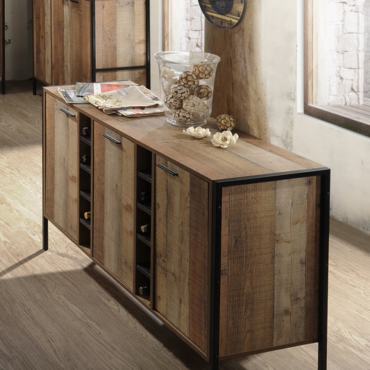 Image of wine cabinet with 2 strorage and open selves bar cabinet cupboard in oak colour  ideal for luxury casual home interiors