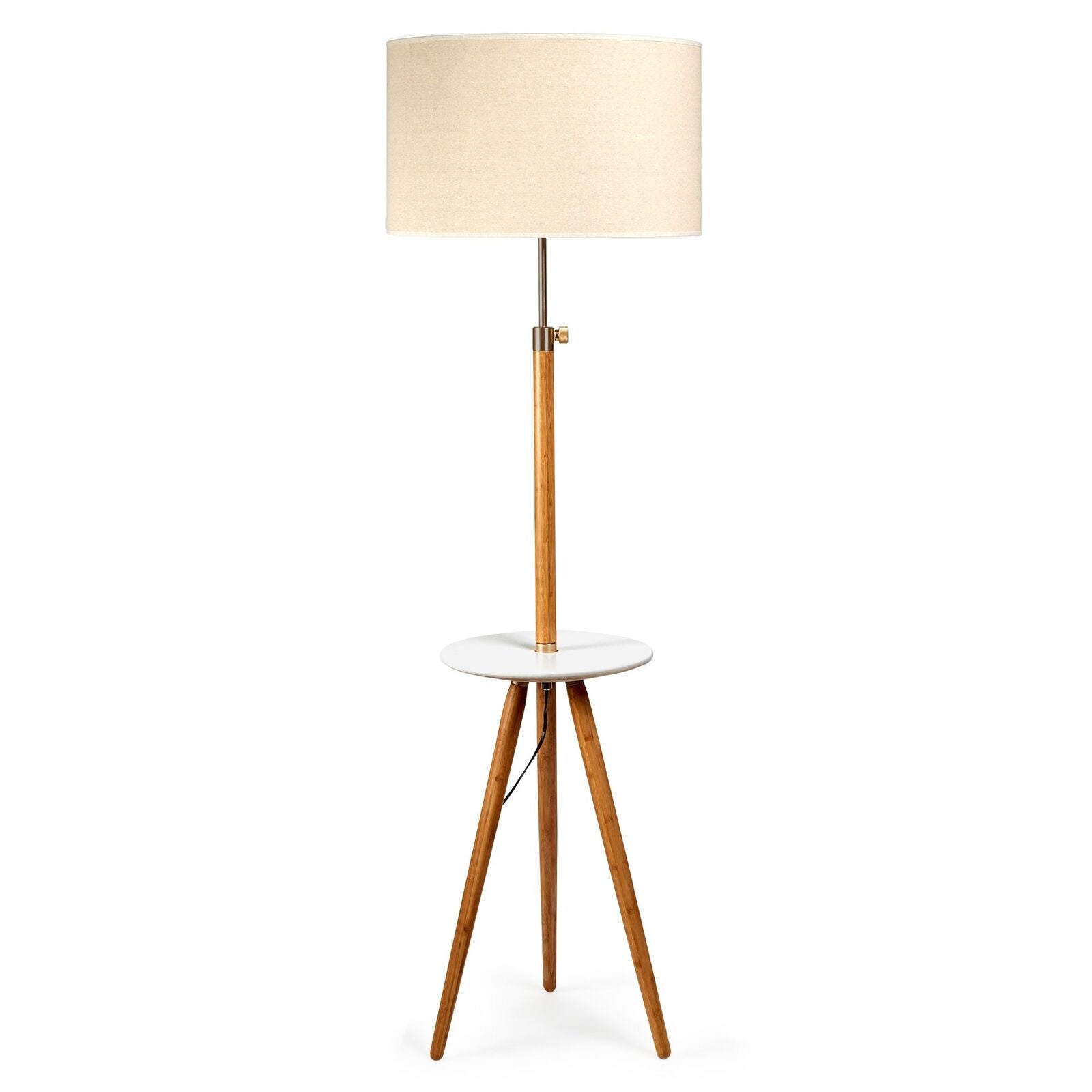 Image of 165cm adjustable bamboo tripod floor lamp light with linen shade & built-in table  ideal for luxury casual home interiors