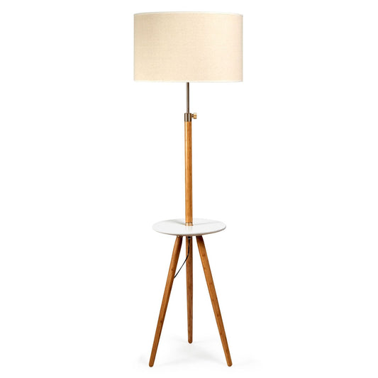 Image of 165cm adjustable bamboo tripod floor lamp light with linen shade & built-in table  ideal for luxury casual home interiors