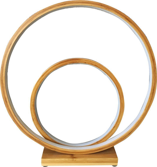 Image of natural double circle bamboo led table lamp light modern scandi minimal  ideal for luxury casual home interiors