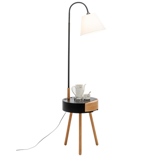 Image of florence tripod lamp shelf storage drawer bed side table light w/ usb charger  ideal for luxury casual home interiors
