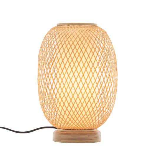 Image of natural woven bamboo oval table lamp light shade boho tropical coastal  ideal for luxury casual home interiors