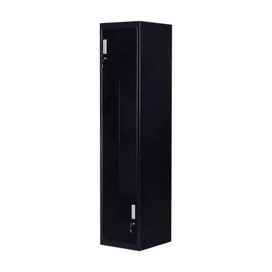 Image of black two-door l-shaped office gym shed storage lockers  suitable for aged care, corporate offices, and commercial settings