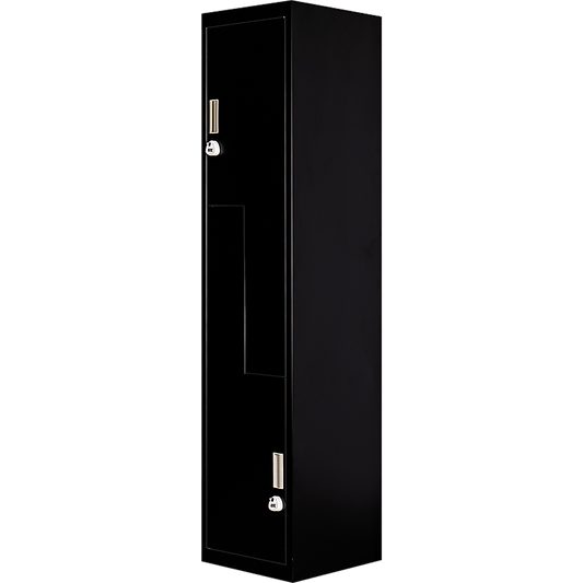 Image of black two-door l-shaped office gym shed storage lockers  suitable for aged care, corporate offices, and commercial settings