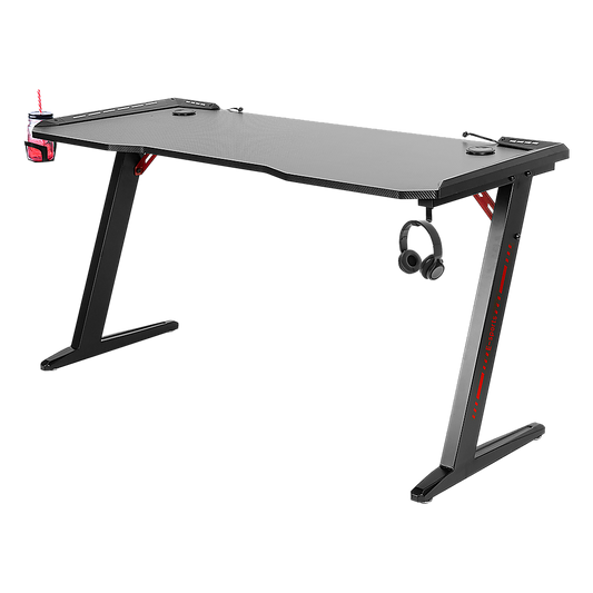 Image of led gaming desk computer table with cup holder headphone hook cable hole  suitable for aged care, corporate offices, and commercial settings