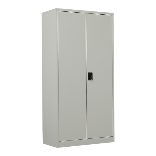Image of two-door metal cabinet shelf storage for home office gym  versatile for both home and professional use