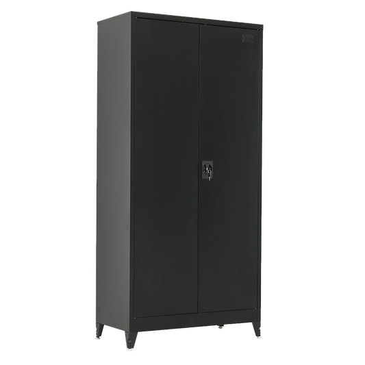 Image of two-door metal cabinet shelf storage for home office gym  versatile for both home and professional use