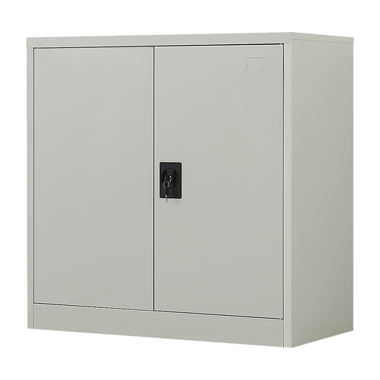 Image of two-door metal short cabinet shelf storage for home office gym  versatile for both home and professional use