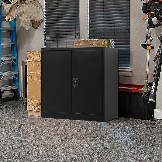 Image of two-door metal short cabinet shelf storage for home office gym  versatile for both home and professional use
