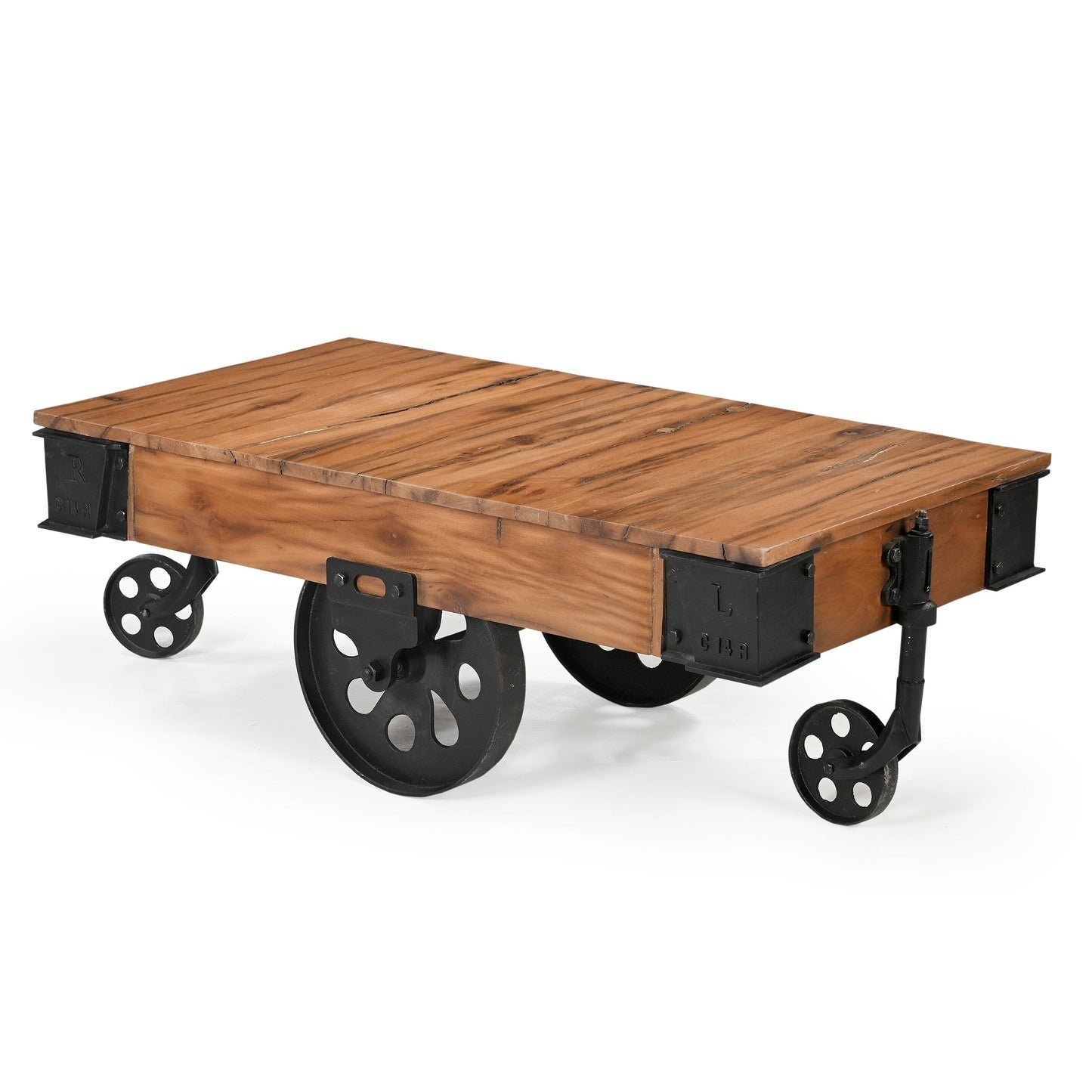 Image of old railway sleeper industrial cart coffee table  available at The Epic Shop