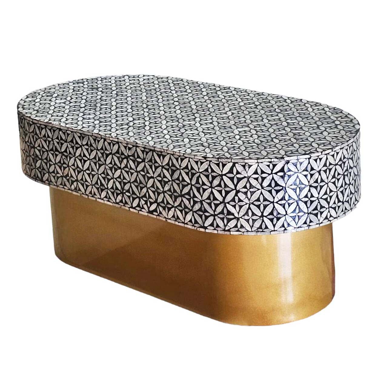 Image of mother of pearl ebony mosaic oval coffee table  ideal for luxury casual home interiors
