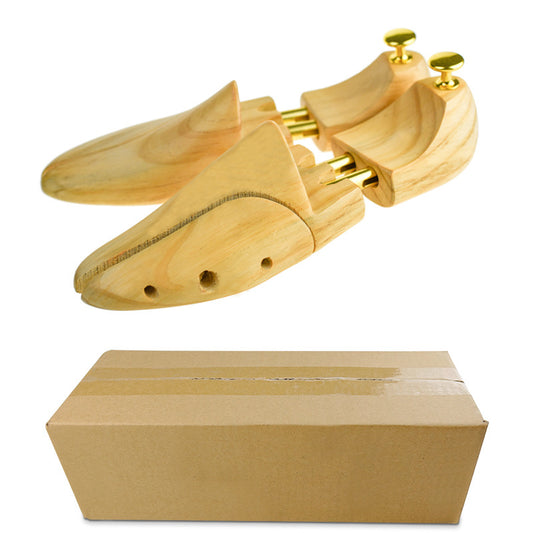 Image of adjustable pine wood shoe tree with brass knobs, size eur 45-46  available at The Epic Shop