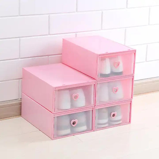 Image of stackable transparent shoe storage boxes with heart-shaped handles (set of 5) 31*20*12cm pink  ideal for luxury casual home interiors