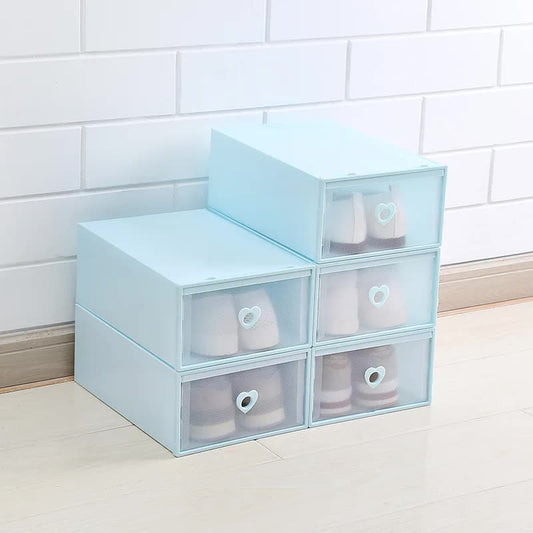 Image of stackable transparent shoe storage boxes with heart-shaped handles (set of 5) 31*20*12cm blue  ideal for luxury casual home interiors
