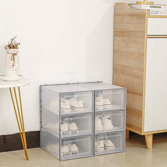 Image of stackable shoe storage box set - transparent flip-top organizers for shoes (pack of 6) 33cm(d)*23cm(w)*14cm(h)  ideal for luxury casual home interiors