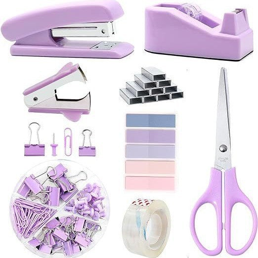 Image of lavender office stationery set - 15-piece desk organizer kit with stapler, tape dispenser, scissors, and more tz123  suitable for aged care, corporate offices, and commercial settings