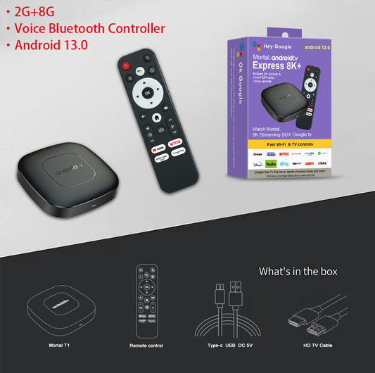 Image of android tv express 8k+ streaming box - ultra hd android 13.0, 2g+8g with voice bluetooth controller  ideal for luxury casual home interiors
