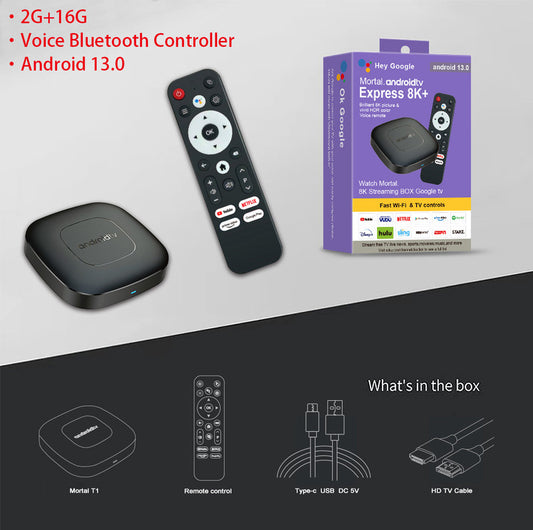 Image of android tv express 8k+ streaming box - ultra hd android 13.0, 2g+16g with voice bluetooth controller  ideal for luxury casual home interiors