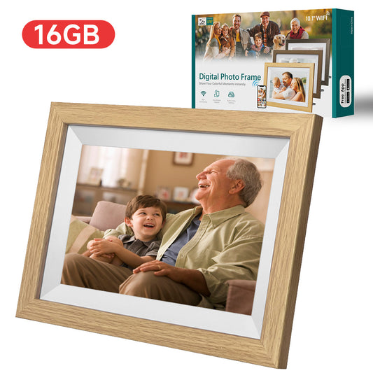 Image of 10.1-inch wooden frame wifi digital photo frame - 16gb storage, ips touchscreen, app remote sharing  ideal for luxury casual home interiors