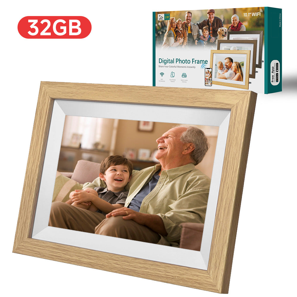 Image of 10.1-inch wooden frame wifi digital photo frame - 32gb storage, ips touchscreen, app remote sharing  ideal for luxury casual home interiors
