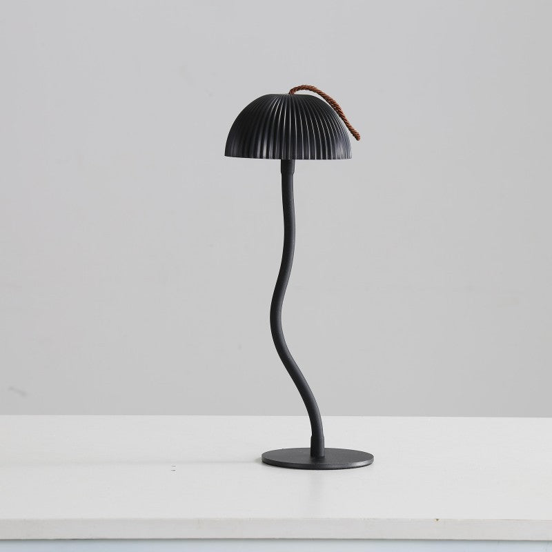 Image of corrugated black lamp cap elegant curved stem mushroom desk lamp - adjustable led table light  versatile for both home and professional use