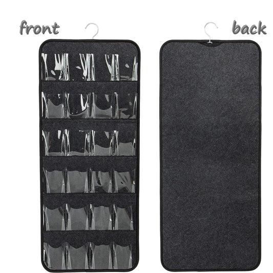 Image of dark grey hanging felt shoe organizer with 24 clear pockets - anti-rust metal hanger included, perfect for shoes, toys, and accessories  available at The Epic Shop