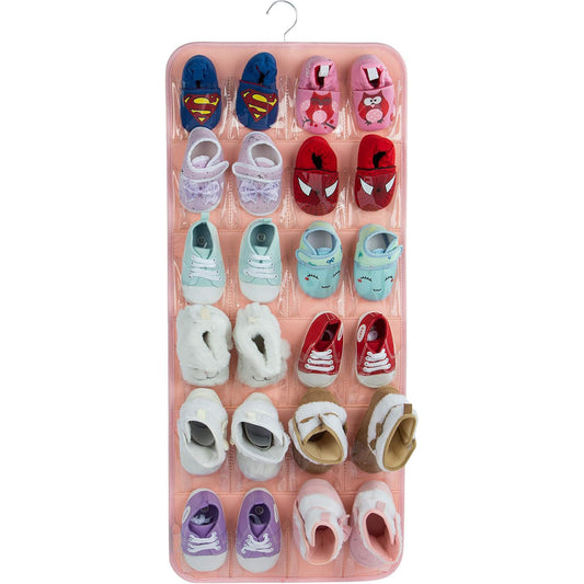 Image of pink hanging felt shoe organizer with 24 clear pockets - anti-rust metal hanger included, perfect for shoes, toys, and accessories  available at The Epic Shop