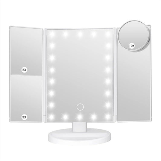 Image of white tri-fold lighted makeup mirror, 22 led vanity mirror with 1x/2x/3x/10x magnification, portable cosmetic mirror  versatile for both home and professional use