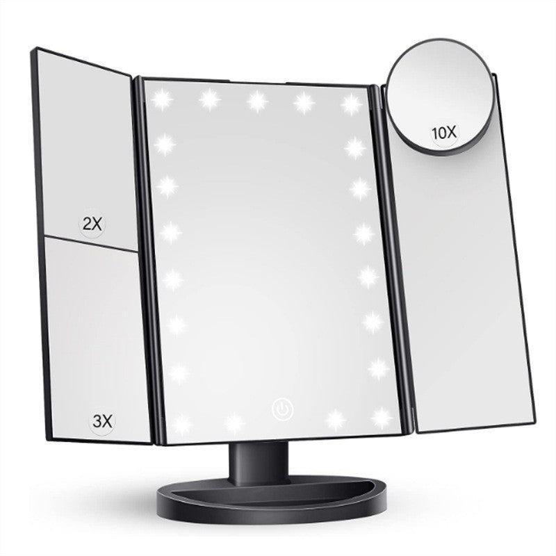 Image of black tri-fold lighted makeup mirror, 22 led vanity mirror with 1x/2x/3x/10x magnification, portable cosmetic mirror  versatile for both home and professional use