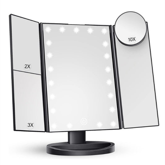 Image of black tri-fold lighted makeup mirror, 22 led vanity mirror with 1x/2x/3x/10x magnification, portable cosmetic mirror  versatile for both home and professional use