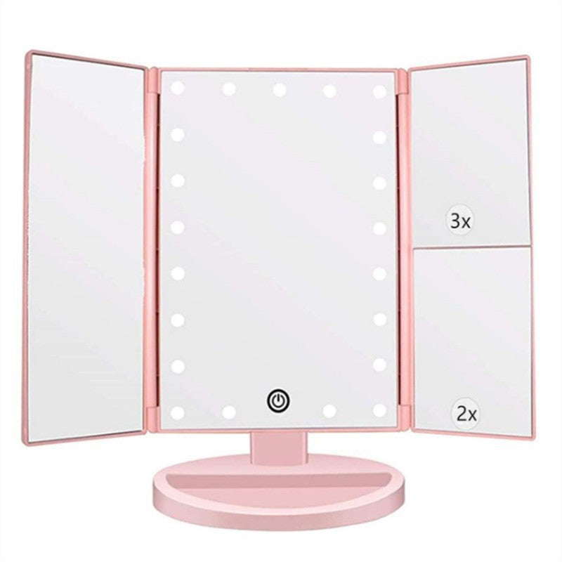 Image of pink tri-fold lighted makeup mirror, 22 led vanity mirror with 1x/2x/3x/10x magnification, portable cosmetic mirror  versatile for both home and professional use