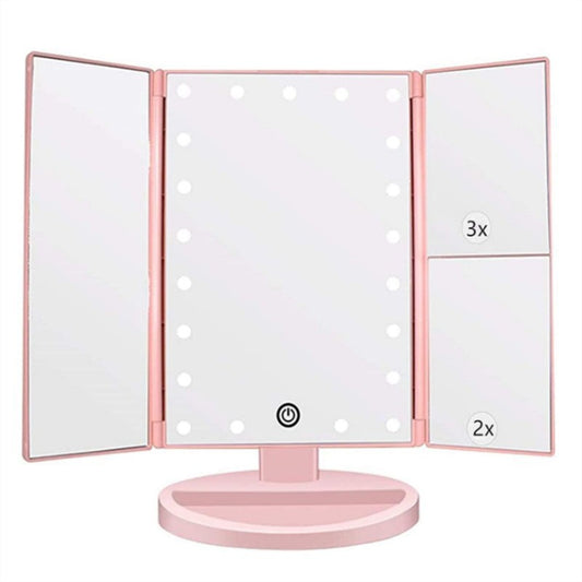 Image of pink tri-fold lighted makeup mirror, 22 led vanity mirror with 1x/2x/3x/10x magnification, portable cosmetic mirror  versatile for both home and professional use