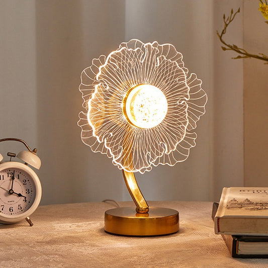 Image of sunflower shape luxury acrylic table lamp - modern usb powered night light | decorative atmosphere lamp for bedroom, living room, and bedside | compact design with 3 color temperatures  ideal for luxury casual home interiors