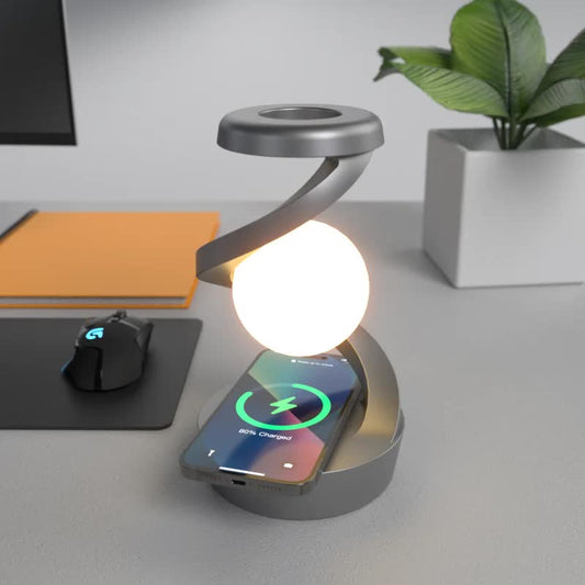 Image of black 360 rotating floating night light  wireless charging table lamp | 7-color rgb atmosphere light | usb rechargeable for bedroom, bedside, desk, camping, and party dcor  versatile for both home and professional use