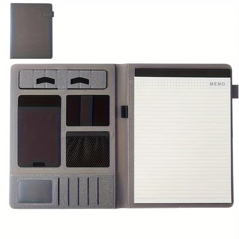 Image of grey a4 leather multi-functional business document folder with card slots - contract file organizer  suitable for aged care, corporate offices, and commercial settings