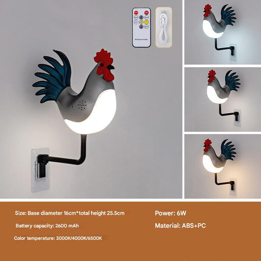 Image of silver usb rechargeable rooster wall lamp with sound, aromatherapy, and decorative design - creative nightlight for bedroom and corridor  ideal for luxury casual home interiors