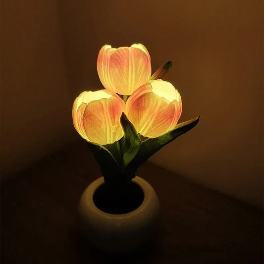 Image of orange flowers usb tulip night light - bedroom decor table lamp with pu flowers & ceramic pot, perfect gift for family & friends  versatile for both home and professional use