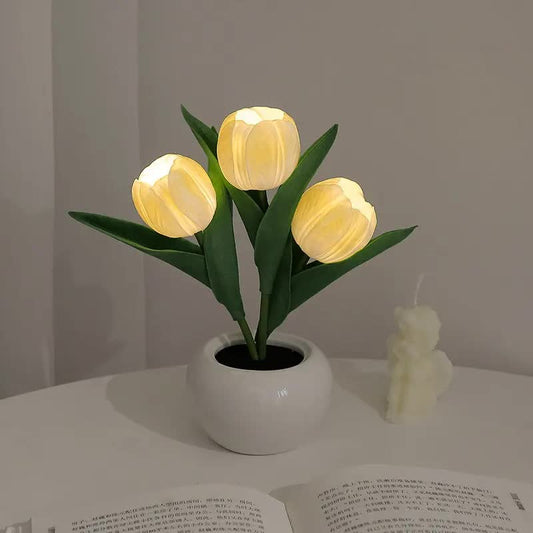 Image of yellow flowers usb tulip night light - bedroom decor table lamp with pu flowers & ceramic pot, perfect gift for family & friends  versatile for both home and professional use