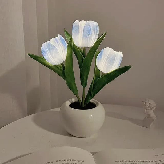 Image of blue flowers usb tulip night light - bedroom decor table lamp with pu flowers & ceramic pot, perfect gift for family & friends  versatile for both home and professional use